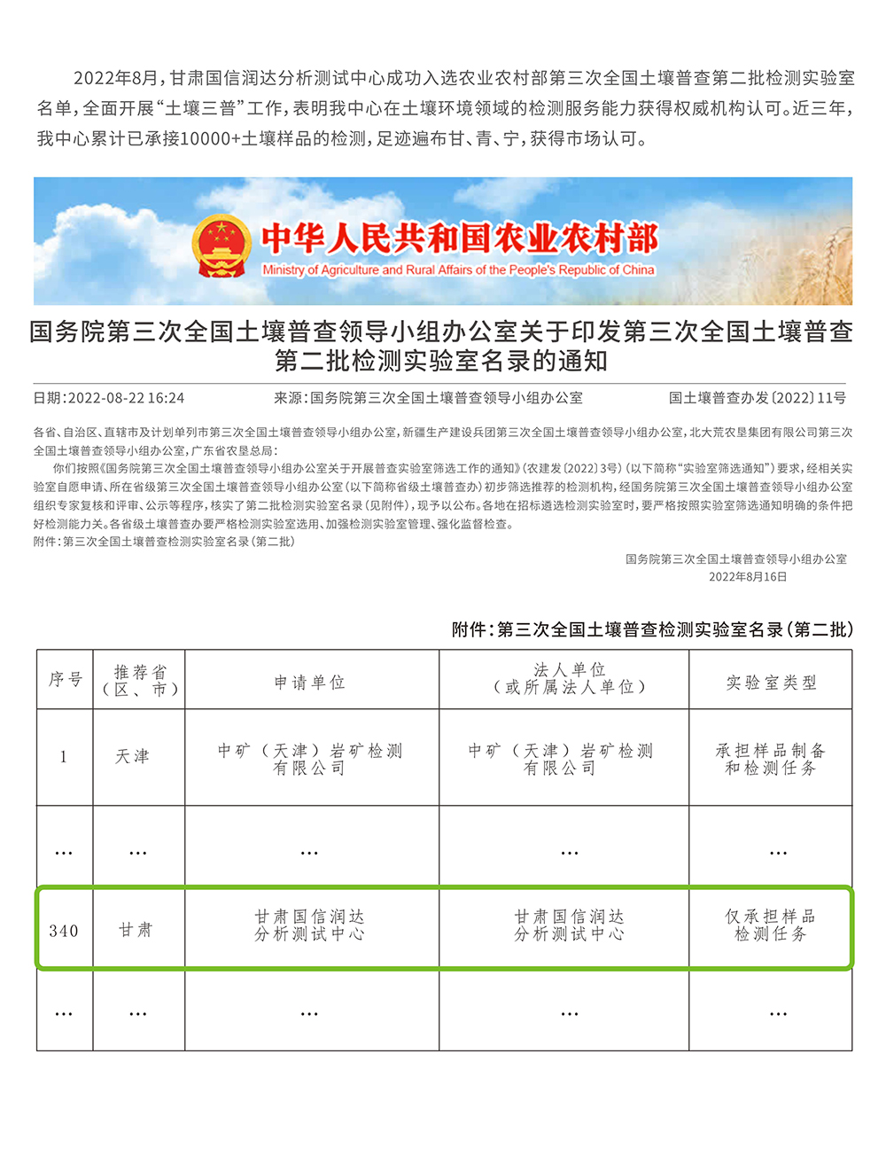 甘肅國信潤達分析測試中心入選第三次全國土壤普查檢測實驗室名單